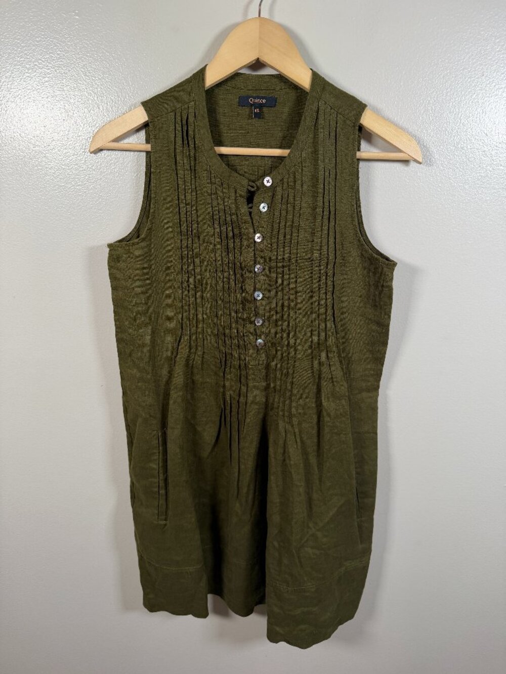 Quince European Linen Sleeveless Swing Dress Size XS Green Pintuck Minimal